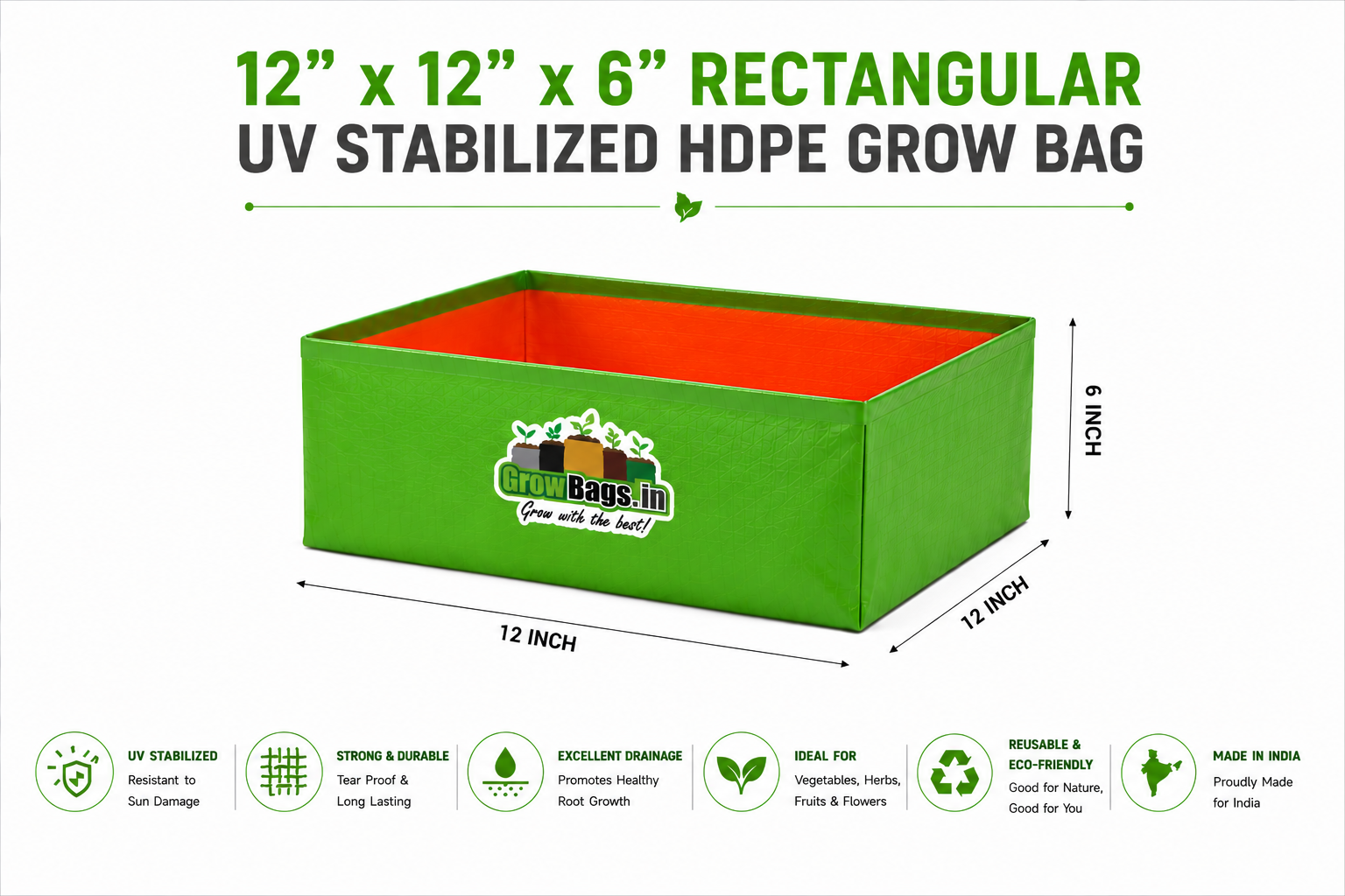 12″ x 12″ x 6″ Rectangular UV Stabilized HDPE Grow Bag