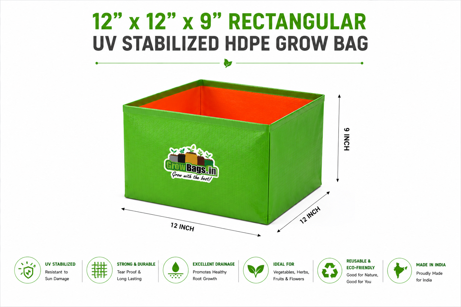 12″ x 12″ x 9″ Rectangular UV Stabilized HDPE Grow Bag