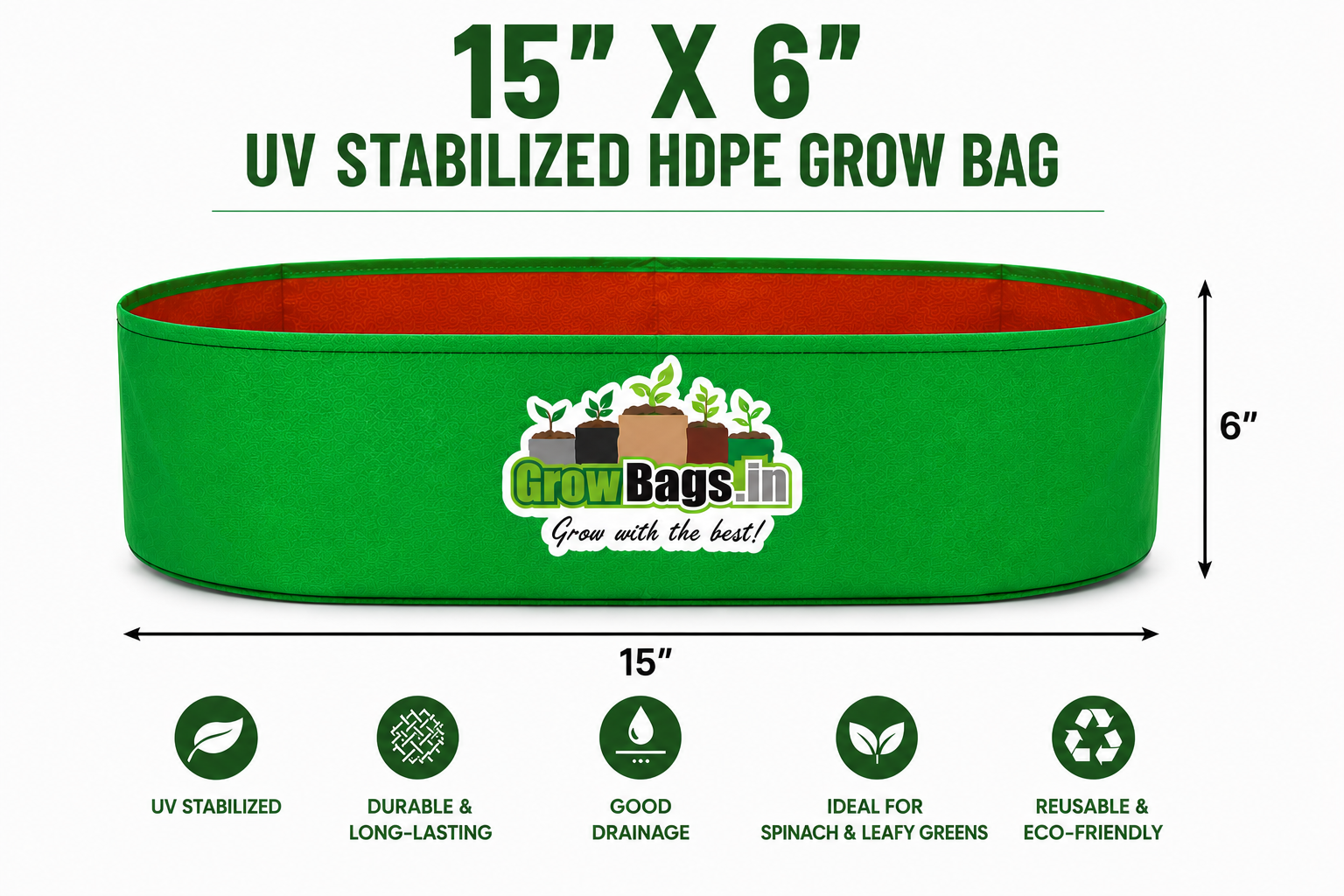15″ X 6″ HDPE 200 GSM Spinach Grow Bag