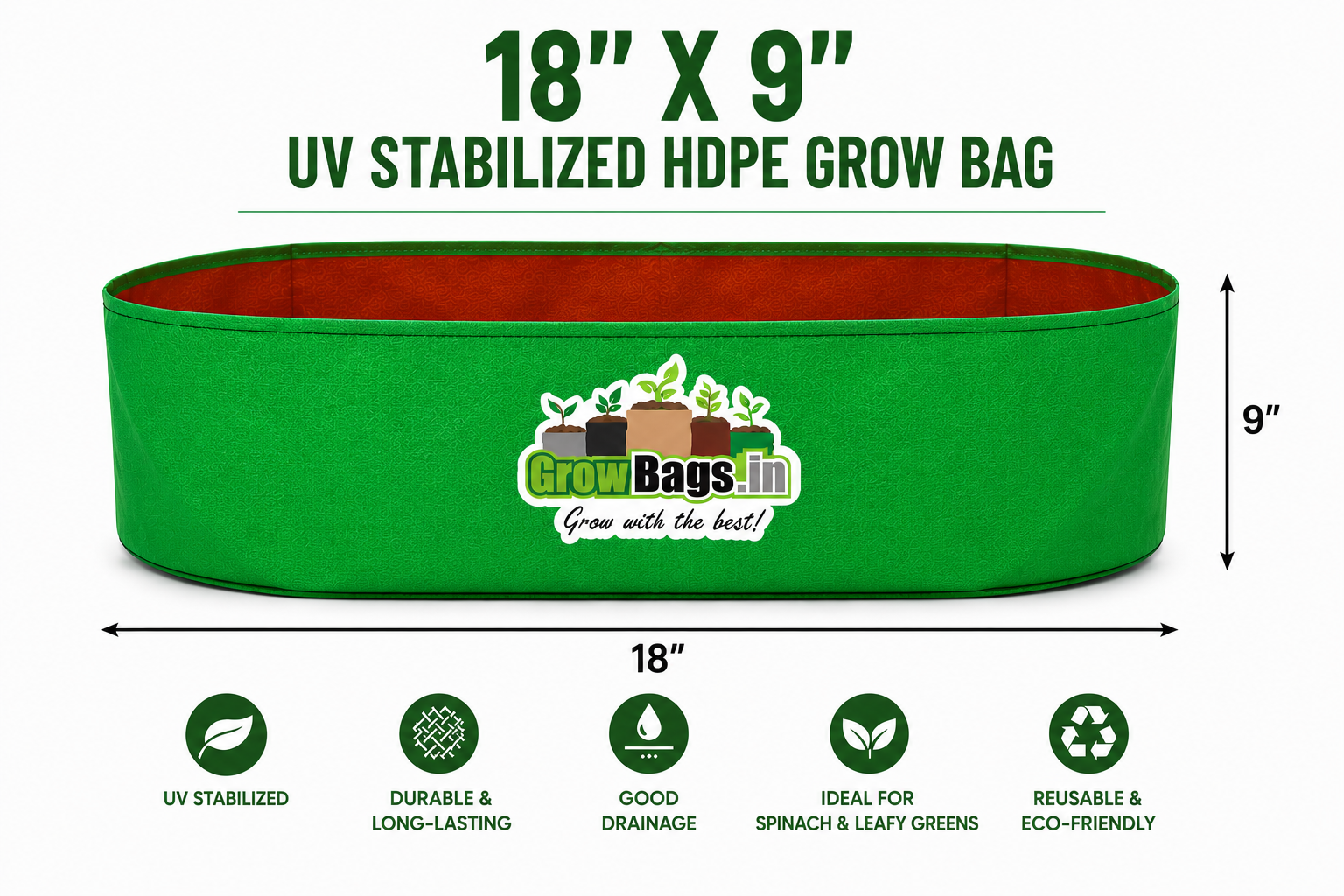 18″ X 9″ HDPE 200 GSM Spinach Grow Bag