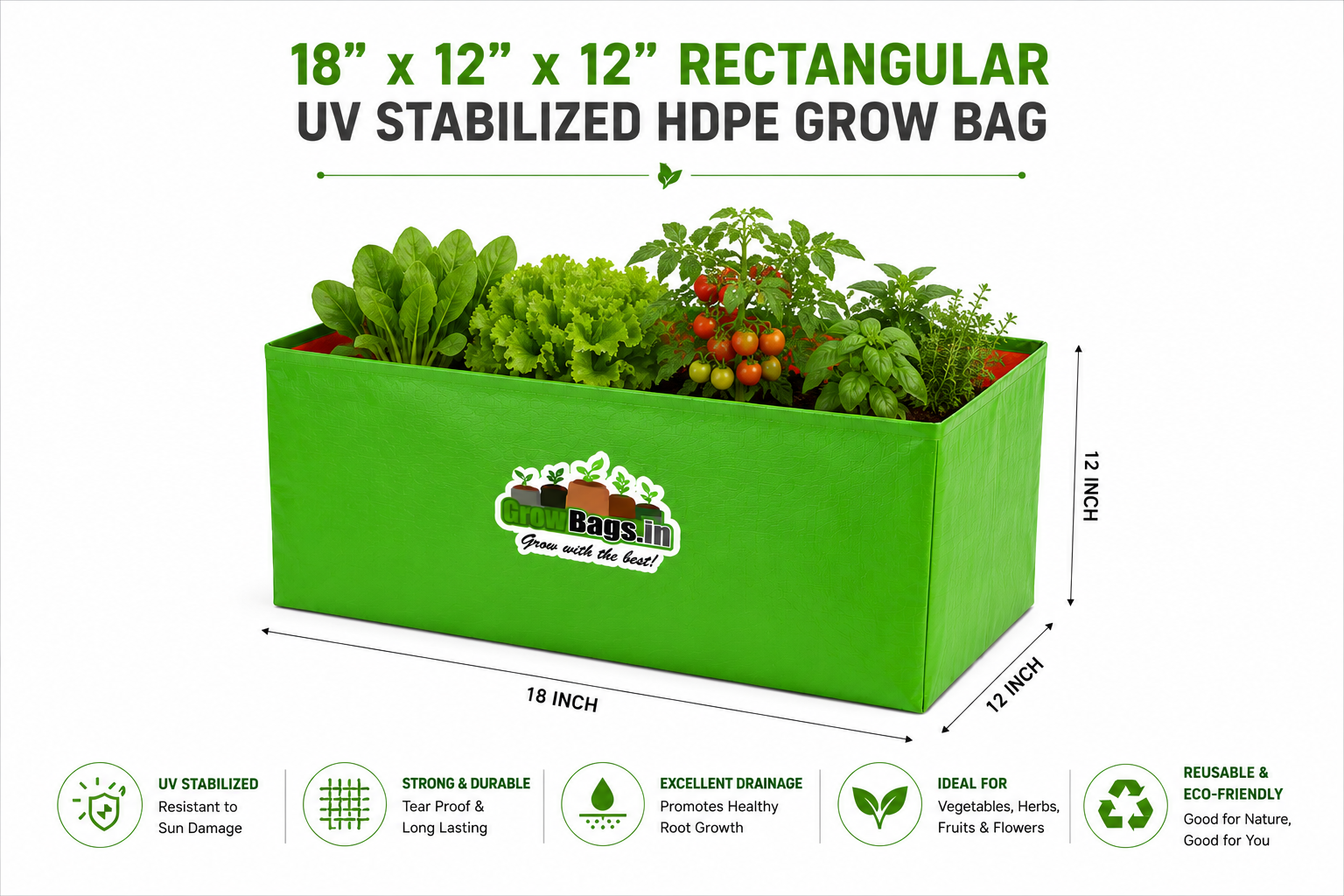 18″ x 12″ x 12″ Rectangular HDPE Grow Bag
