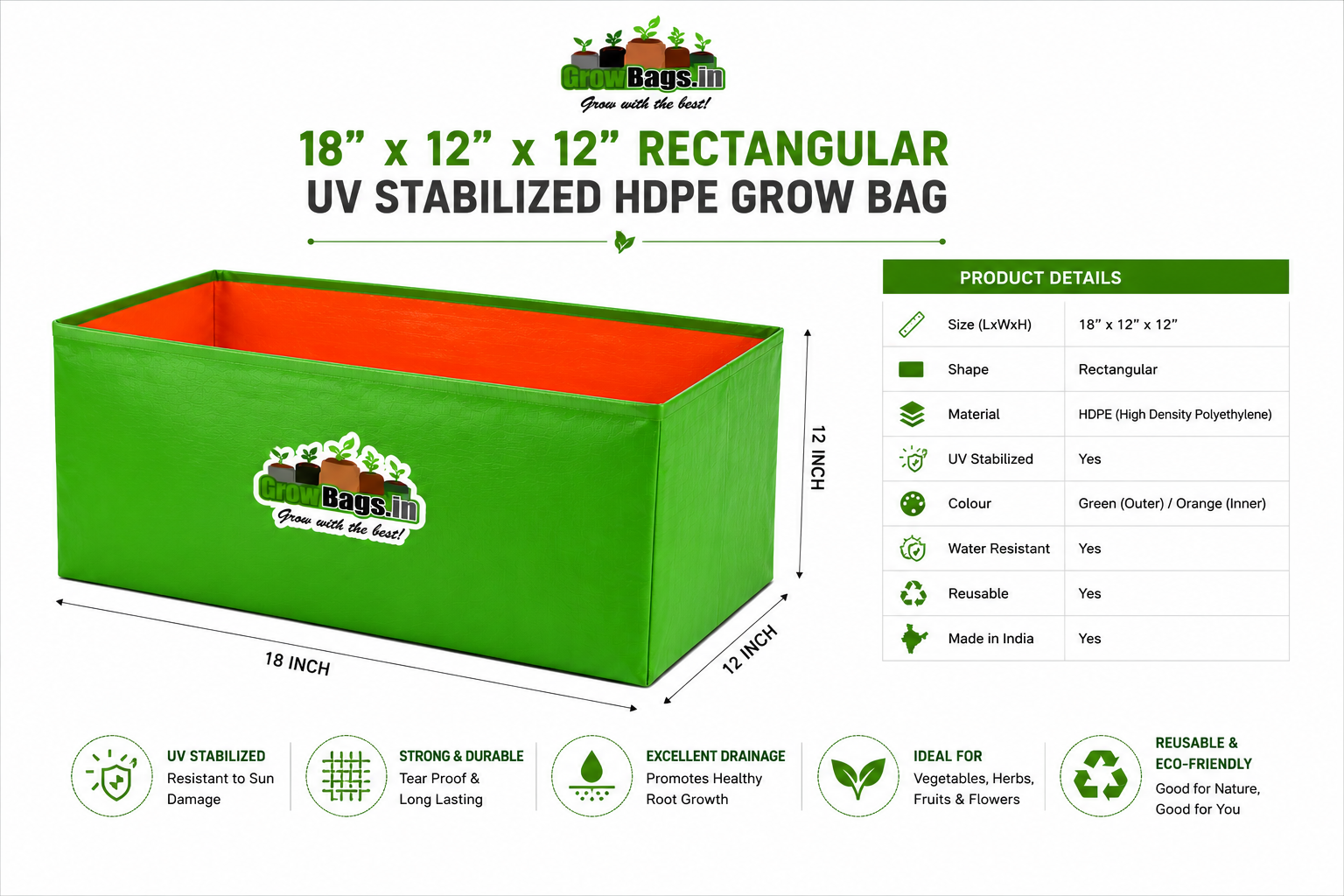 18″ x 12″ x 12″ Rectangular UV Stabilized HDPE Grow Bag