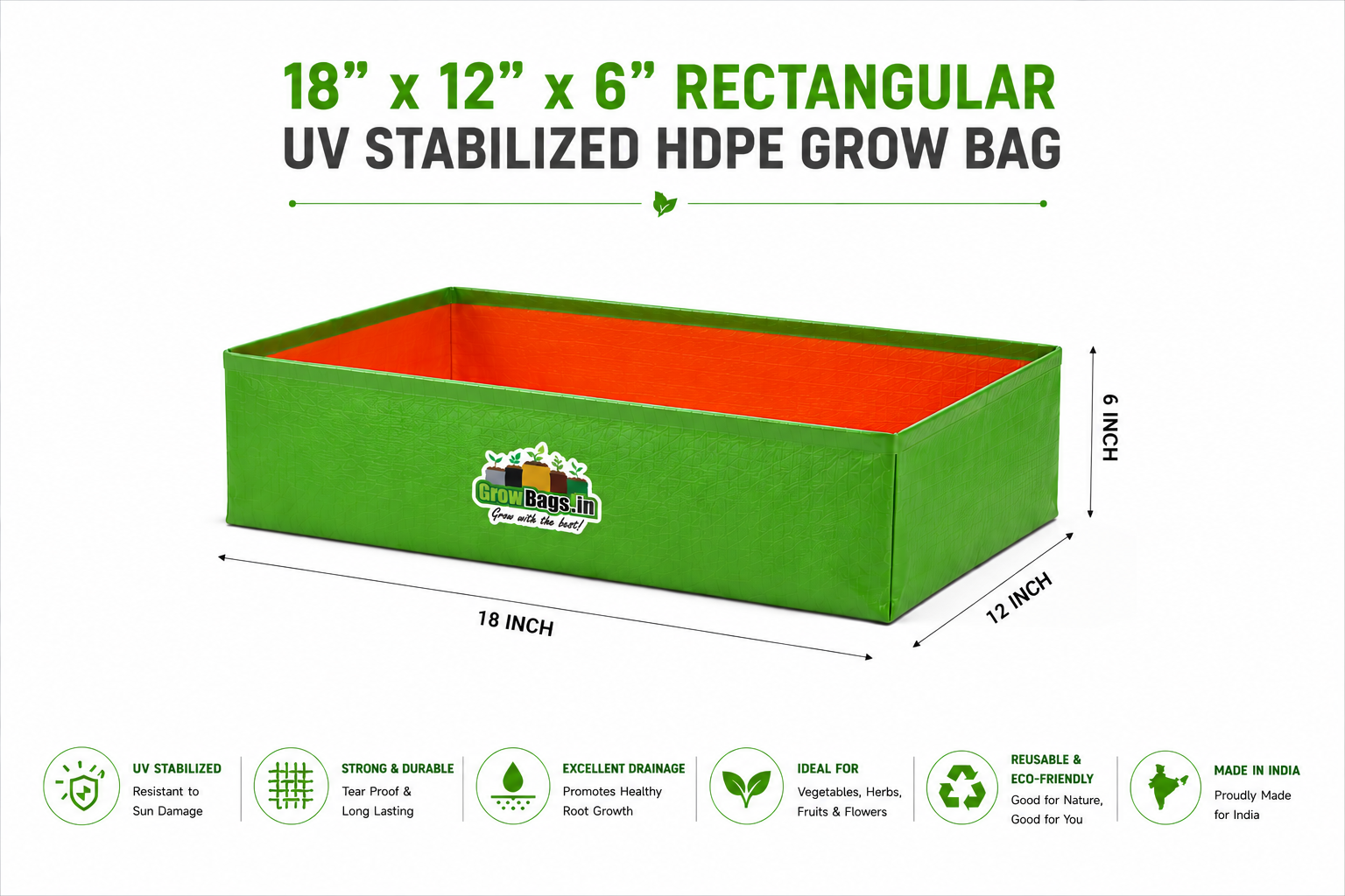 18″ x 12″ x 9″ Rectangular UV Stabilized HDPE Grow Bag