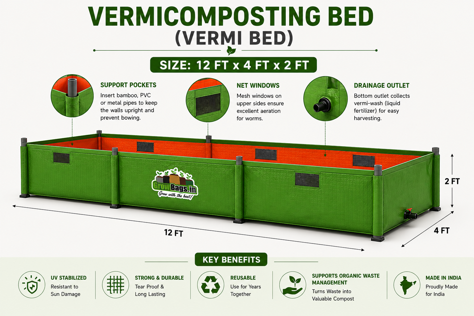 UV Stabilized HDPE Vermicomposting Bed (Vermi Bed)-12 Ft x 4 Ft x 2 Ft Size
